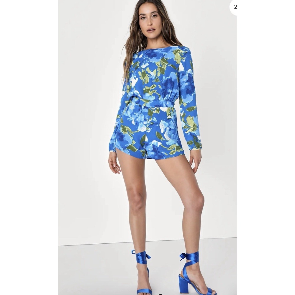 Lulus Sweetest Song‎ Blue Floral Print Backless Long Sleeve Romper XL